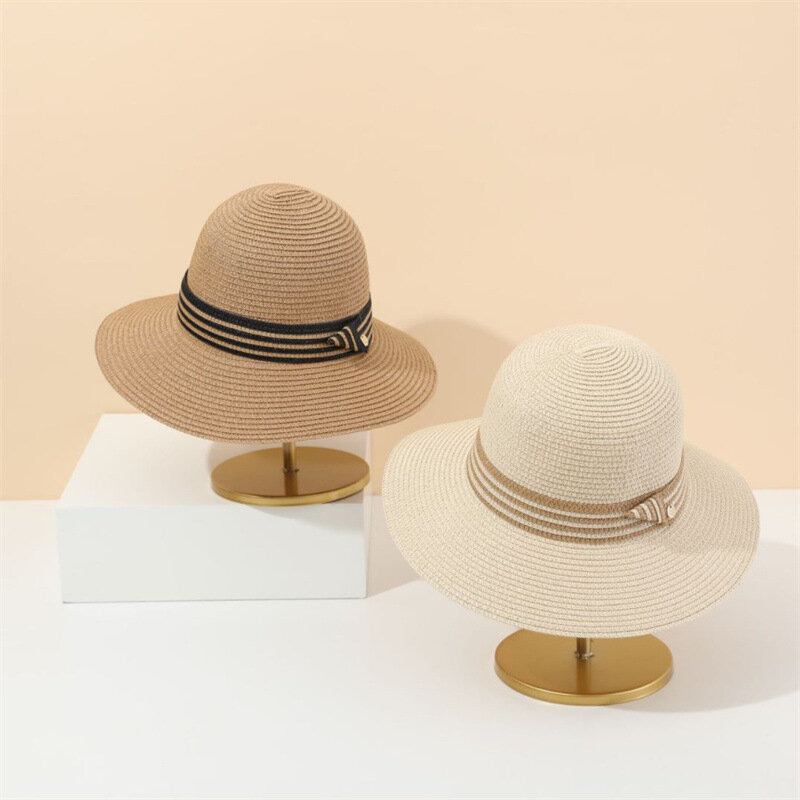 Damski francuski elegancki kapelusz słomkowy letni kapelusz przeciwsłoneczny na wakacje na plaży prosty kapelusz przeciwsłoneczny z dużym rondem na co dzień
