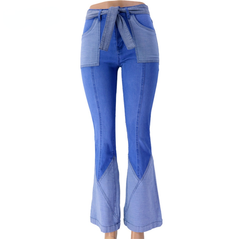กางเกงยีนส์รัดรูปเย็บสองสีสำหรับผู้หญิงพร้อมกระเป๋าคาดเอวเซ็กซี่กางเกงยีนส์ขาบานบล็อกสีเอวสูงบาน