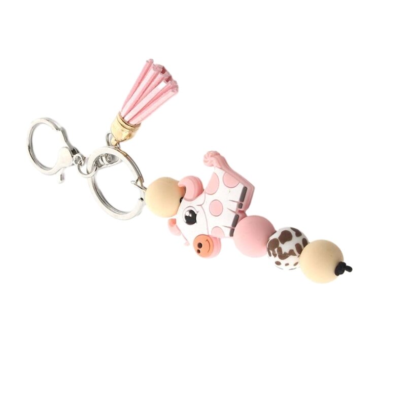 Silikon Perlen Schlüsselanhänger mit Quasten Cartoon Kuh Tier Anhänger Schlüsselanhänger für Autoschlüssel Frauen Tasche