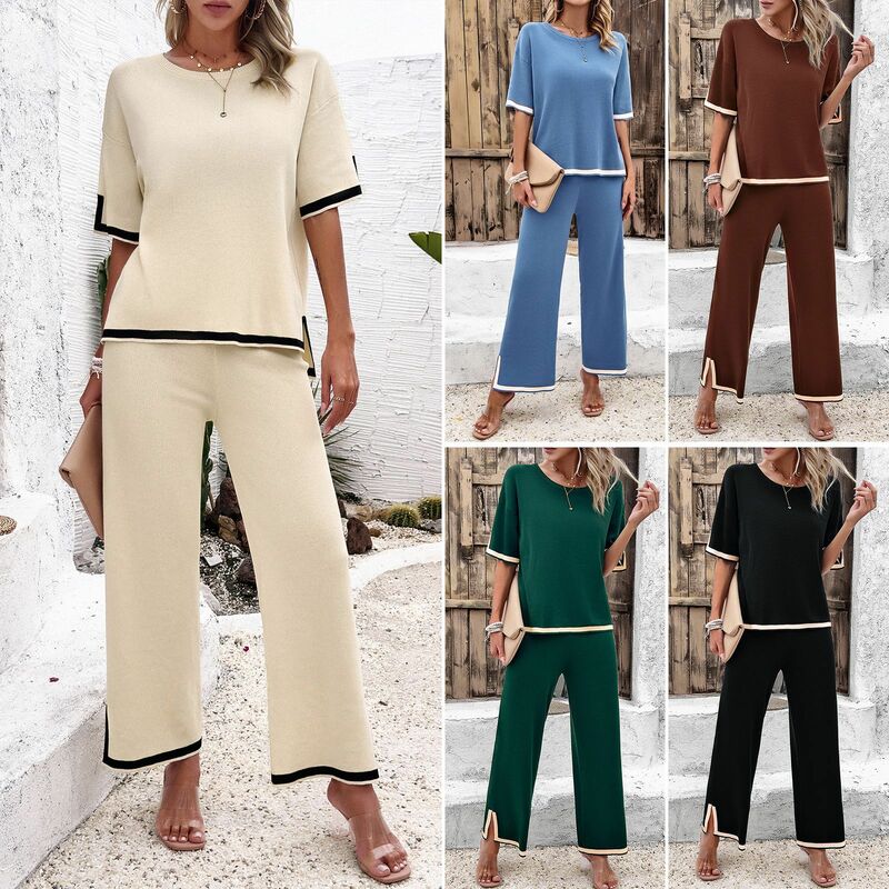 Fato casual de tricô de manga curta para mulheres, novo temperamento fashion, conjuntos de duas peças, primavera e verão, 2024
