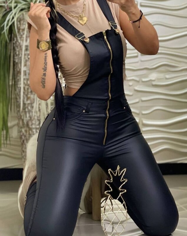 Woman PU Leather Zipper Pocket Design Suspender Jumpsuit Female Casual Clothing New Women's Fashion Sleeveless Skinny Jumpsuits