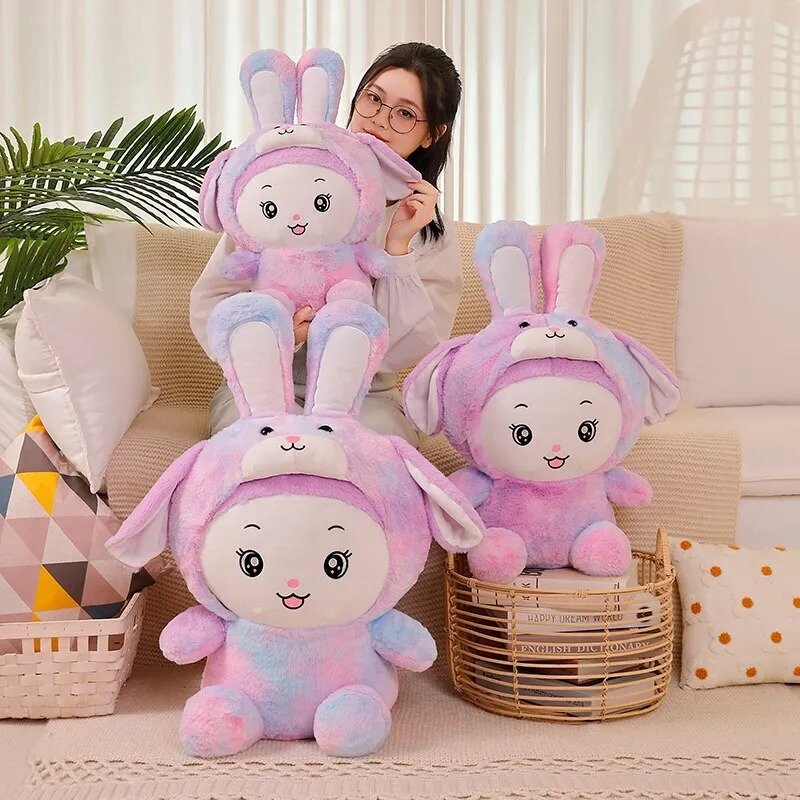 ตุ๊กตา plushie กระต่ายสีม่วงน่ารัก50-70ซม. เปลี่ยนเป็นหูยาวหลากสีตุ๊กตานุ่มกระต่ายเด็กผู้หญิงหมอนสำหรับของขวัญเด็ก