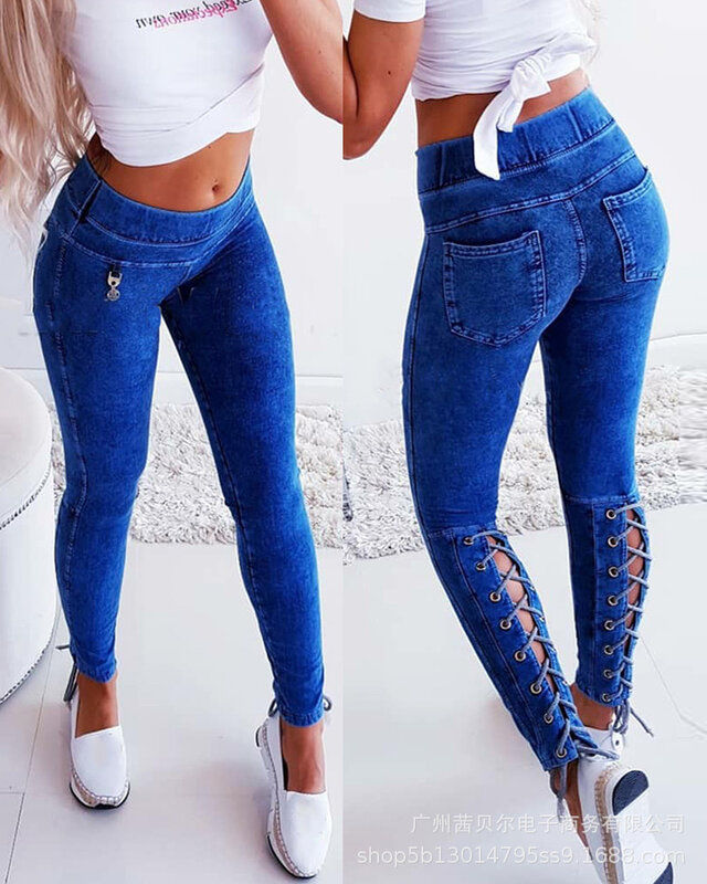 Узкие джинсы на шнуровке с высокой талией, женские брюки, Дизайнерские однотонные обтягивающие джинсы на шнуровке, повседневные синие джин...