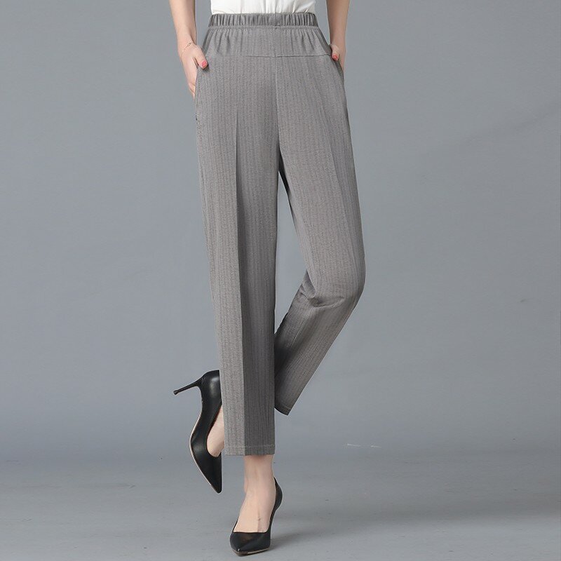 Modne damskie w stylu Casual, w paski spodnie wiosna lato koreańska nowa matka wysoka talia elastyczne luźne kieszenie Grey spodnie damskie obcisłe