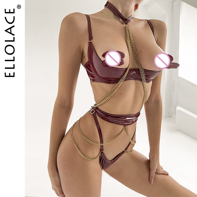 Ellyace Lingerie kulit Sensual, Kit Bra Push Up Setengah Cup dengan rantai, pakaian dalam wanita telanjang Bilizna, Fetish PU tanpa sensor