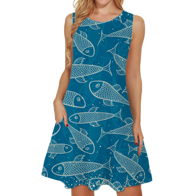 Vestido Midi sem mangas estampado de desenho azul feminino, vestido com gola O, elegante, primavera, verão, festa na praia