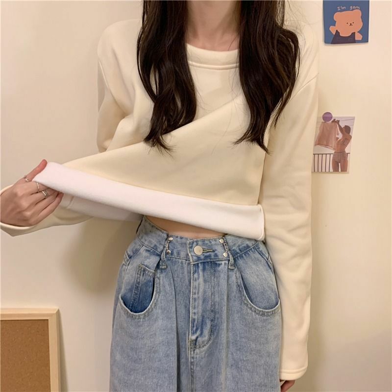 Warm Top Women's Solid Color Loose Thickening Warm Inside Long-sleeved Autumn and Winter Bottoming Long-sleeved Bottoming Shirt