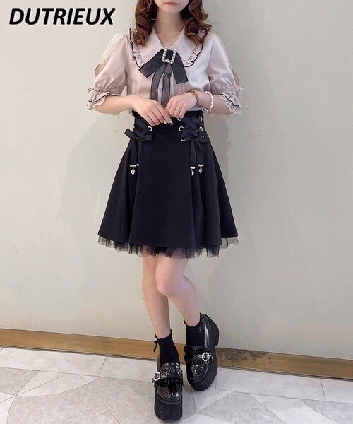 Japanese Rojita Skirt Mine Tied Heart-Shaped Pendant Hem Thin Fabric A- Line Skirts 2024 Spring Summer New Lolita Skirt Faldas