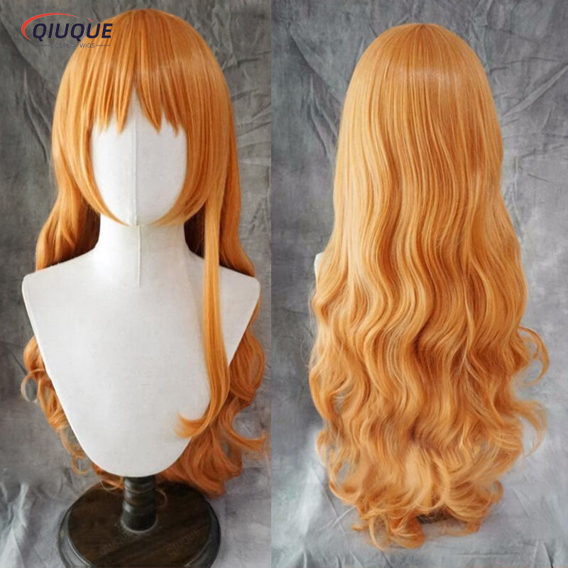 Wysokiej jakości peruka do Cosplay dla dorosłych Nami kobiety 75cm długie kręcone faliste pomarańczowe żaroodporne włosy Anime One Piece peruka do Cosplay s + czapka z peruką