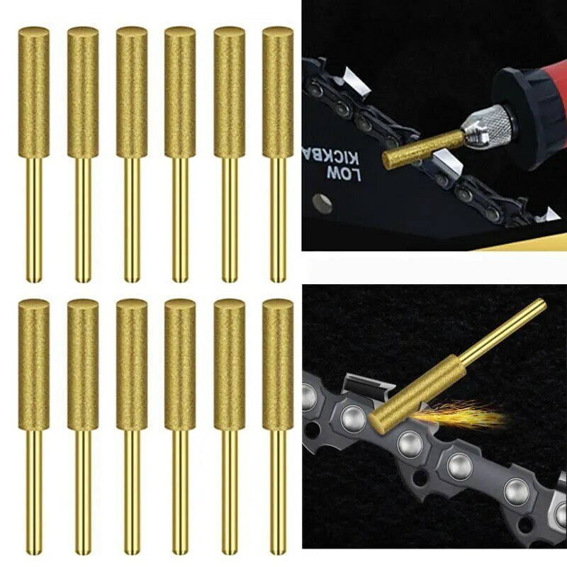 Gold Diamond Coated Cylindrical Burr 4-5.5mm Chainsaw Sharpener Stone File Chain Saw Sharpening Carving Grinding Power Tools Kit