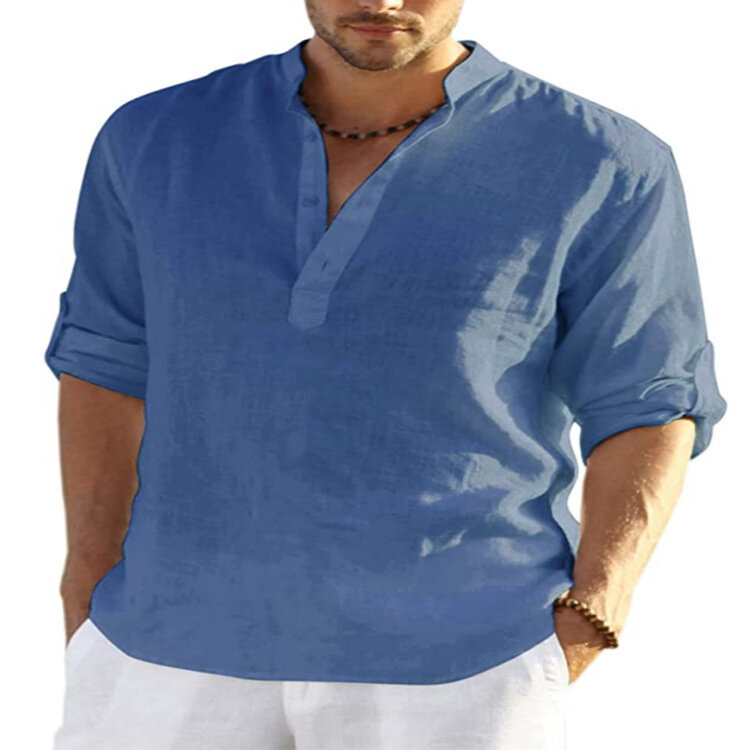 Summer European Men's Linen Long Sleeved T-shirt Loose Sweatshirt Solid Color Long Sleeved Cotton Linen Shirt Men's Large T-shir