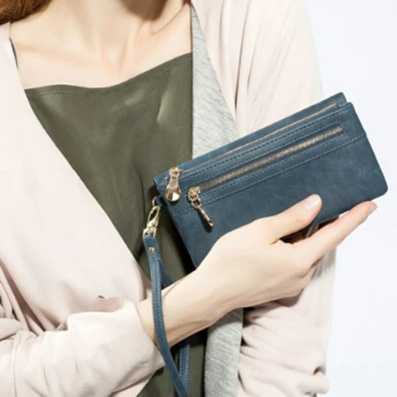 กระเป๋าสตางค์หนัง PU ยาวสำหรับผู้หญิงกระเป๋าคลัทช์ซิปคู่ใส่เหรียญความจุสูงกระเป๋าเงินของผู้หญิงแฟชั่น