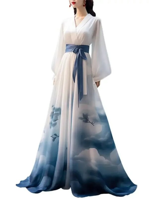 Hanfu gaun model Cina gaun putri awan elegan tradisional gaun dansa panggung Cosplay peri Oriental