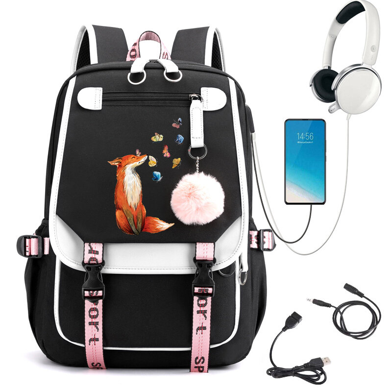 حقيبة ظهر جمالية للنساء من Kawaii Fox Butterfly ، حقيبة مدرسية للفتيات المراهقات ، حقائب كتب للطلاب ، حقيبة ظهر بشحن USB