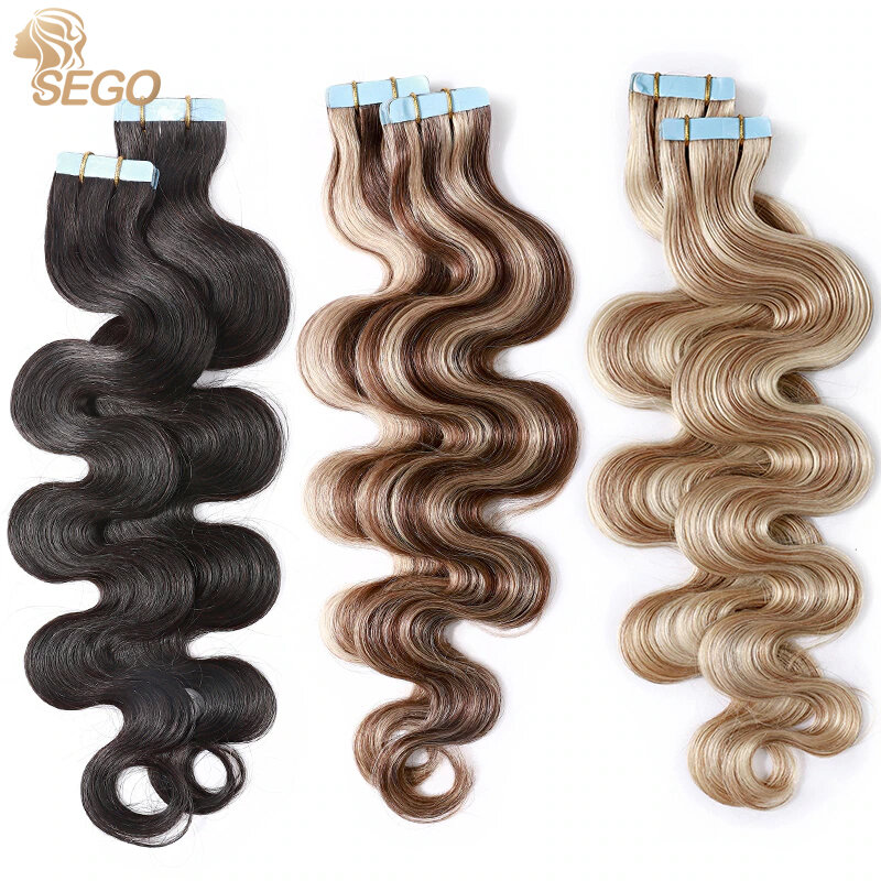 SEGO-Extensions de Cheveux Humains Remy, Body Wave, Bande Adhésive, Sans Couture, Trame Blonde, 12-24 Pouces, 2.5g/Pièce, 20 Pièces/50g
