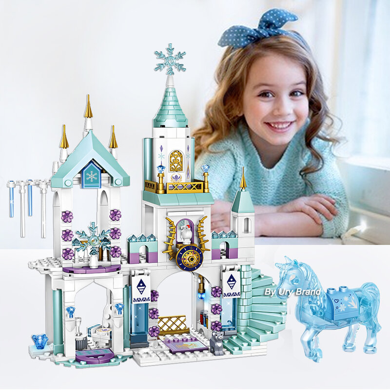 Freunde Prinzessin Luxus Eis burgen Spielplatz Haus Filme Winter Schnee pferd Figuren Bausteine Set Spielzeug für Mädchen DIY Geschenk