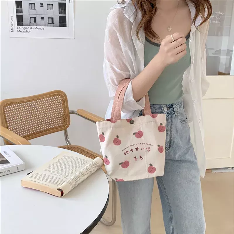GCE4 Small Canvas Women Tote Food Bag Japanese Peach Hand Lunch Bag Korean Mini Student Handbags Cotton Cloth Picnic