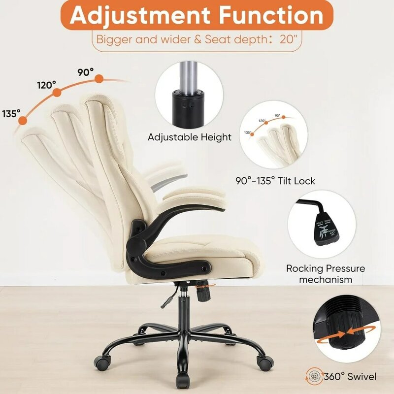 Ergonomic Office Chair High Back Heavy Duty Desk Chair, PU Leather, Adjustable Swivel Rolling Chair on Wheels, Cream Color