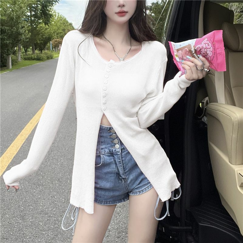 Spicy Girl Ice Silk Knitted Cardigan Autumn 2024 New Spliced O-Neck Button Fashion Solid Color Slim All-match Long Sleeved Tops