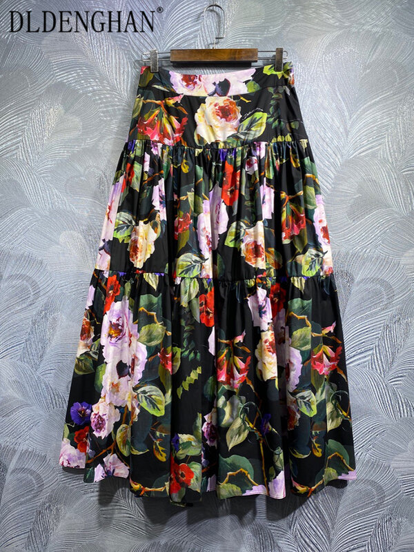 DLDENGHAN Spring Floral Print Sicily 100% Cotton Skirt Women High Waiste Floral Print Vintage Long Skirt Fashion Designer New
