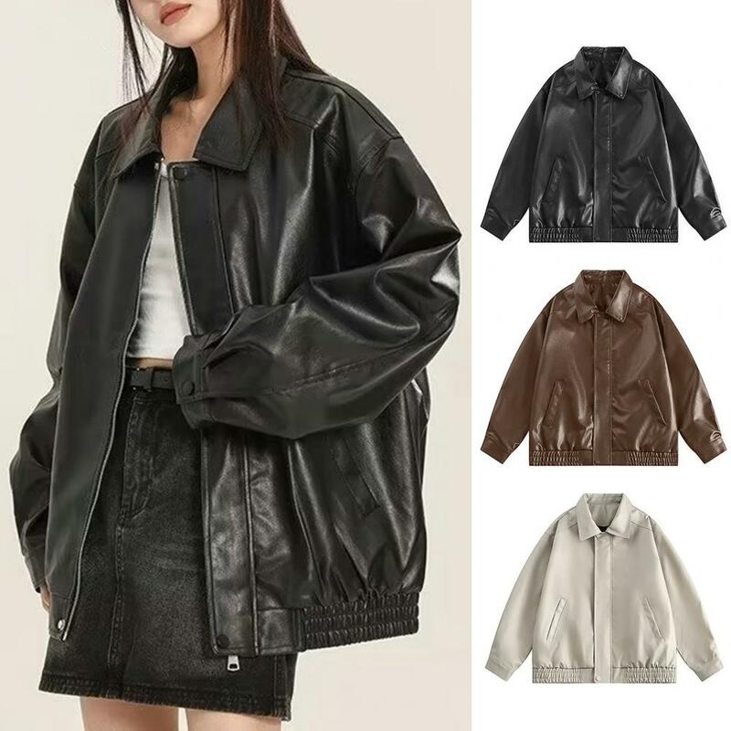 Women Faux Leather Jacket Long Sleeves Turn-down Collar Loose Fit Zipper Pocket Solid Color Vintage American Oversized Ladies