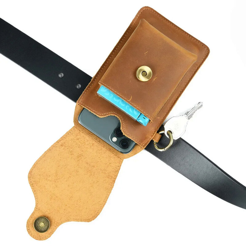 AIGUONIU Genuine Leather Waist Bag Men Vintage Crazy Horse Cowhide Mini Belt Waist Pack Cigarette Case Pouch Male Lighter Pocket
