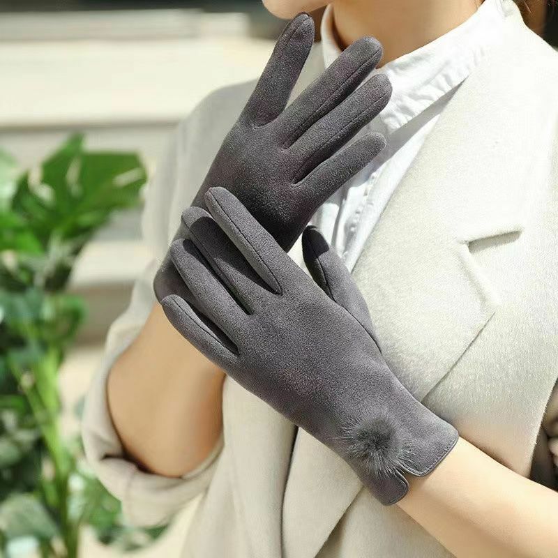 Новые женские зимние утепленные плотные мягкие Модные Элегантные Простые Стильные перчатки для сенсорного экрана милые шарики для вождения на велосипеде