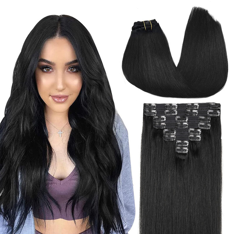 8PCS/Set Straight Clip In Hair Extension Cynosure Human Hair Full Head Clip Ins Seamless Double Weft Clip for Women Jet Black#1
