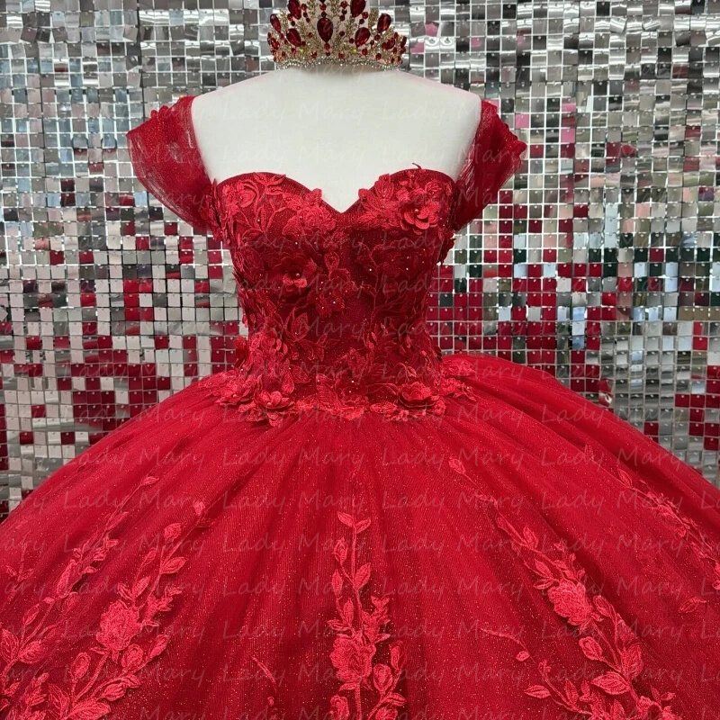 Niesamowite czerwone koronkowe aplikacje Quinceanera sukienki z odkrytymi ramionami księżniczki formalne arabskie dubajskie suknie ślubne odsłonięte gorset