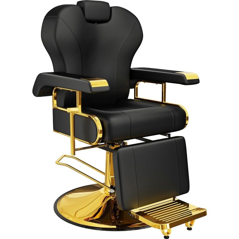 Cadeira de salão reclinável profissional com encosto ajustável, elegante cadeira de barbeiro, Heavy Duty Steel Frame, preto e dourado