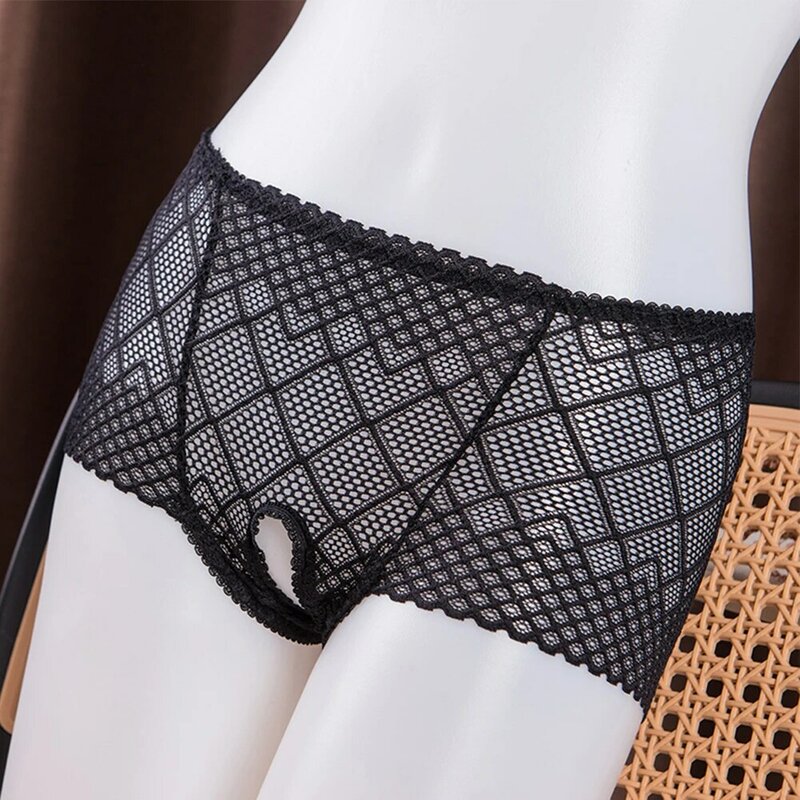 Women Sexy Lace Boxers Crotchless See-through Panties Hip Lift Mid-rise Underwear Solid Seduction G-Strings Erotic Knickers