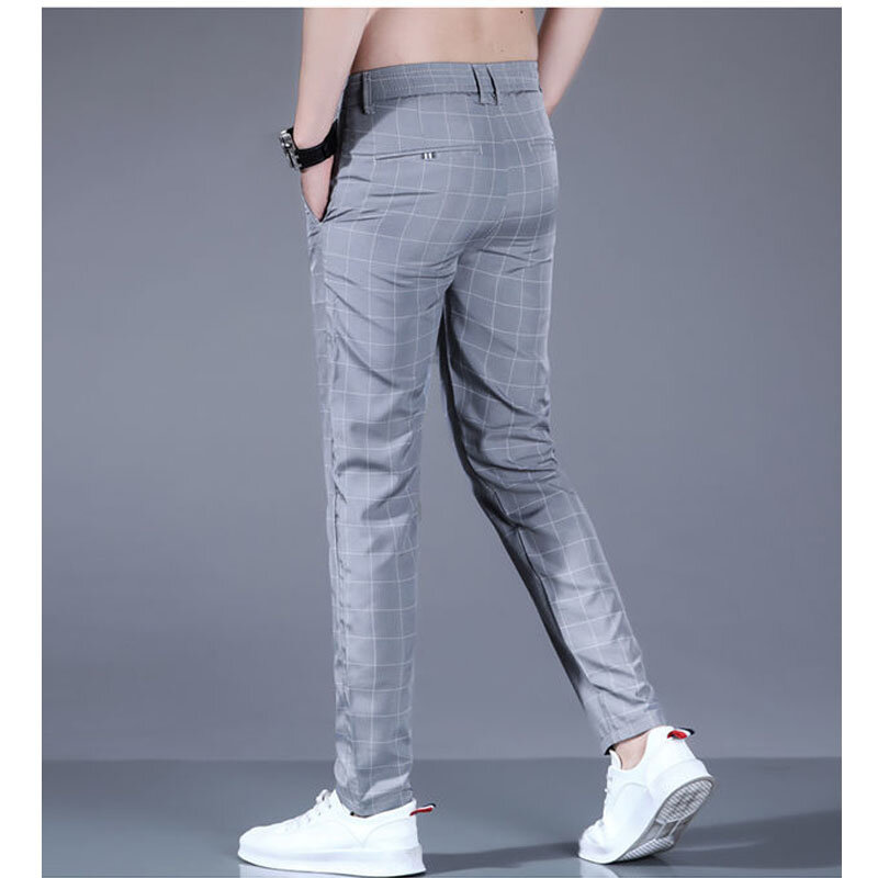 Summer Thin Style Men Plaid Casual Pants New Elastic Force Commerce Ice Shreds Straight Cylinder Casual All-match Casual Pants