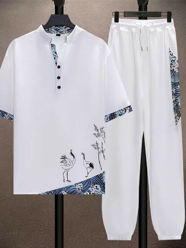 2024 Summer New Fashion Trend Printed Short Sleeve T-shirt Large Size Men's Casual Loose Comfortable Ice Silk Two-Piece Set 4XL