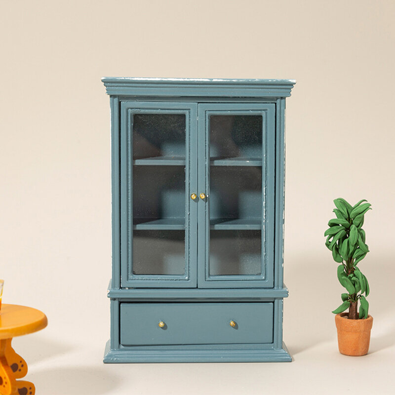 1:12 casa de bonecas em miniatura armário estante haze azul porta dupla armário modelo de exibição armário mobiliário ornamento decoração brinquedo