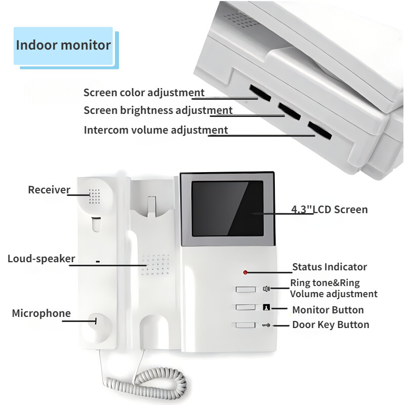 4.3" TFT LCD Screen Wired Video Door Phone Intercom Handle Doorbell System Kit for Home Security Monitor Security Villa Doorbell