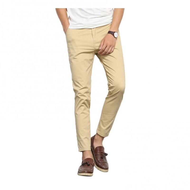 Trousers Men Pant Solid Color Long Casual Pants Pockets Elastic Thin Straight Suit Pants