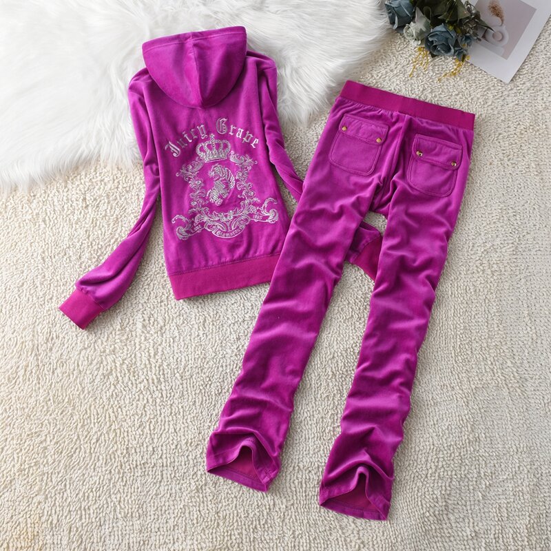 Juicy Grape 벨벳 운동복 세트, 여성용 운동복, 후드 운동복, 포켓 바지 및 재킷 세트, 2 피스 세트