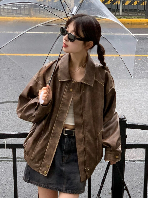 Jaket motor kulit pendek Vintage wanita, Blazer kulit longgar, mantel pengendara sepeda motor tipis Korea modis musim dingin