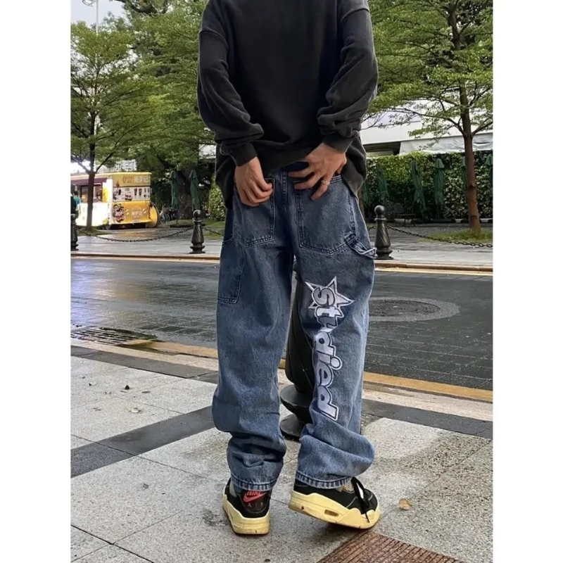 พิมพ์ Casual กางเกงยีนส์ผู้ชายแฟชั่นการออกแบบ Y2K Retro หลวมตรงกางเกงยีนส์กางเกงผู้ชายและผู้หญิง Hip Hop กางเกง Ins ขายร้อน