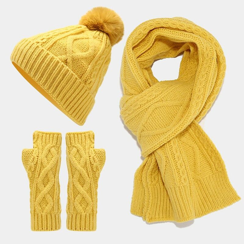 Winter Warm Hat Scarf Gloves Set Necessory Solid Color Knitting Knitted Beanie Cap Stretch Wrist Gloves Women Maiden