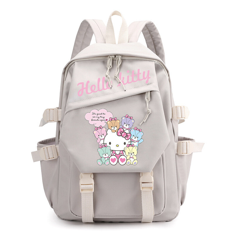 MINISO Sanrio Hello Kitty حقيبة مدرسية للطلاب ، رقعة نقل حراري ، مطبوعة ، كرتون لطيف ، حقيبة ظهر قماشية للكمبيوتر ، جديدة