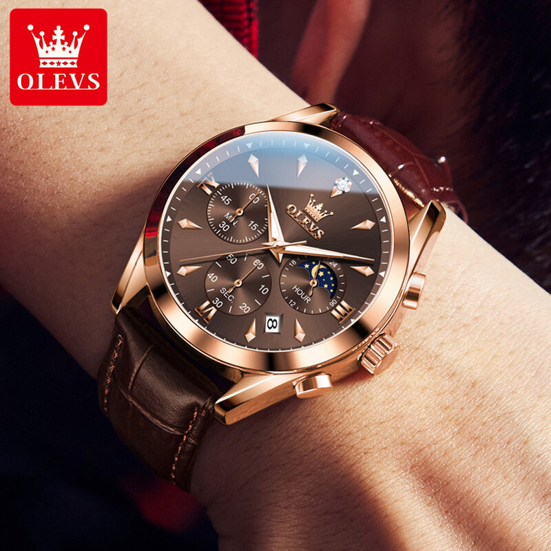 OLEVS jam tangan kronograf pria, arloji merek mewah Quartz kulit tahan air bercahaya kalender olahraga untuk lelaki
