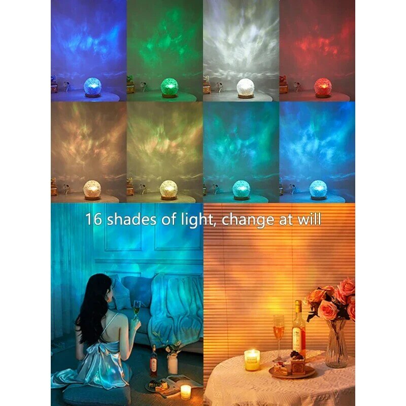 Crystal LED Night Light, Projetor de ondulação de água, Decoração estética do quarto de casa, Pôr do sol Atmosfera Nightlights, Presente