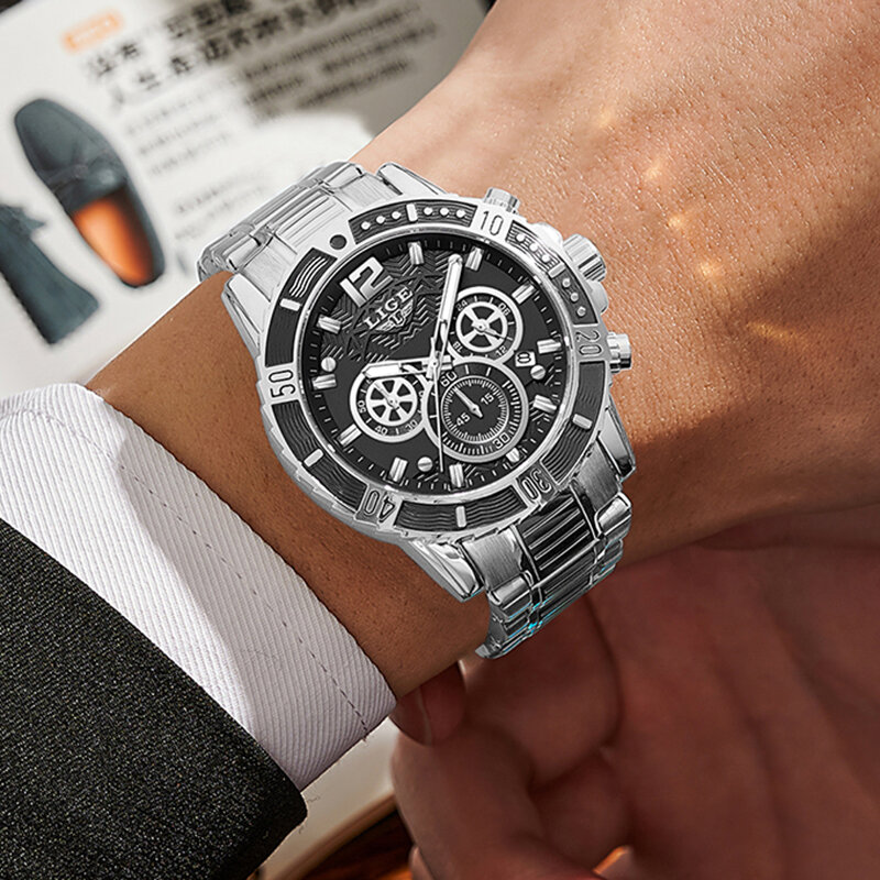LIGE-reloj analógico de acero inoxidable para hombre, accesorio de pulsera de cuarzo resistente al agua con calendario, complemento masculino deportivo de marca de lujo con diseño militar, nuevo