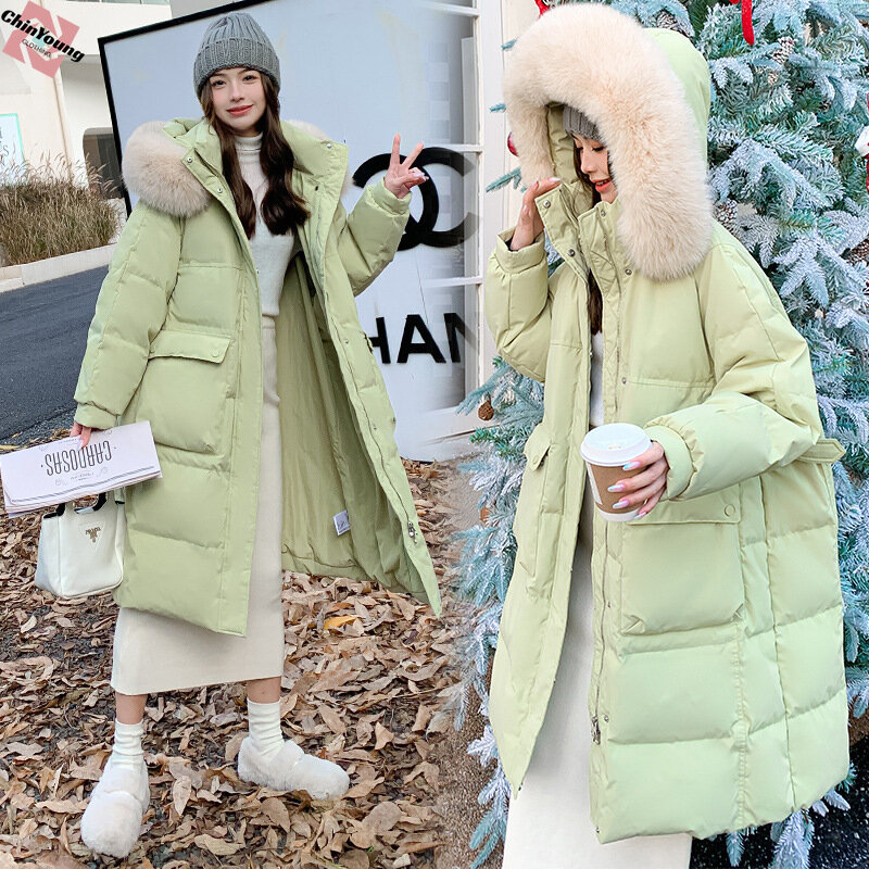 Piumino da donna Color Macaron con cappuccio collo di pelliccia di volpe cappotto lungo di anatra bianco ispessito verde sciolto cappotti oversize 6XL allargati
