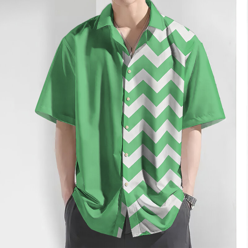 Camisa havaiana solta de grandes dimensões masculina, estampa listrada 3D, tops casuais de manga curta, roupa seca rápida, verão, 2024