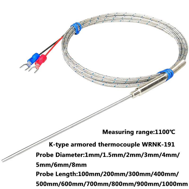 K-type armored thermocouple WRNK-191  temperature sensor 1mm 1.5mm 2mm 3mm 4mm 5mm 6mm 8mm thermocouple probe temperature 1100 ℃