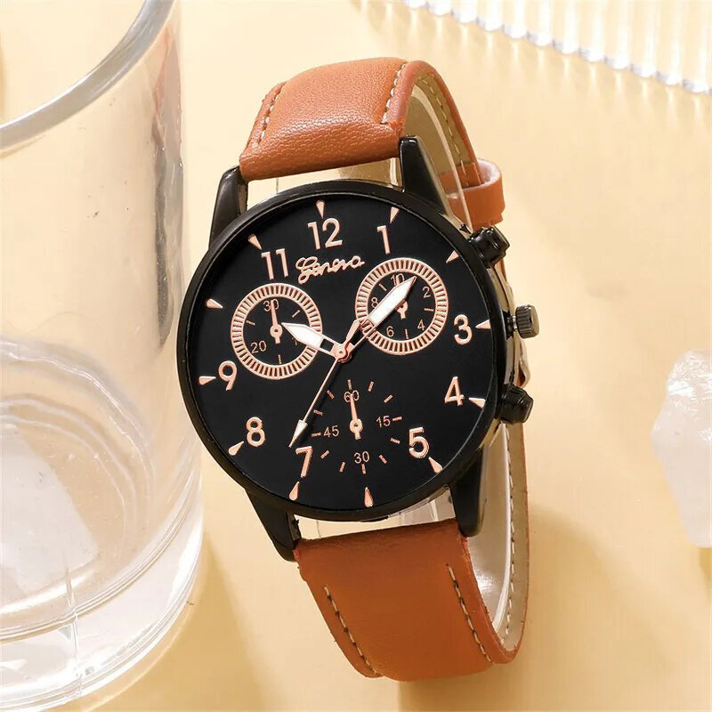 Relógio de pulso de couro marrom masculino, relógios de negócios, corda manual, luxo, esporte, casual, quartzo, moda, 4 peças