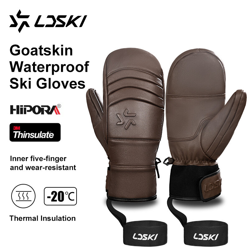 LDSKI Ski Gloves Goat Leather Thermal Waterproof 3M Thinsulate Warm Mitten Winter Snow Outdoor Sports Snowboard Accessories