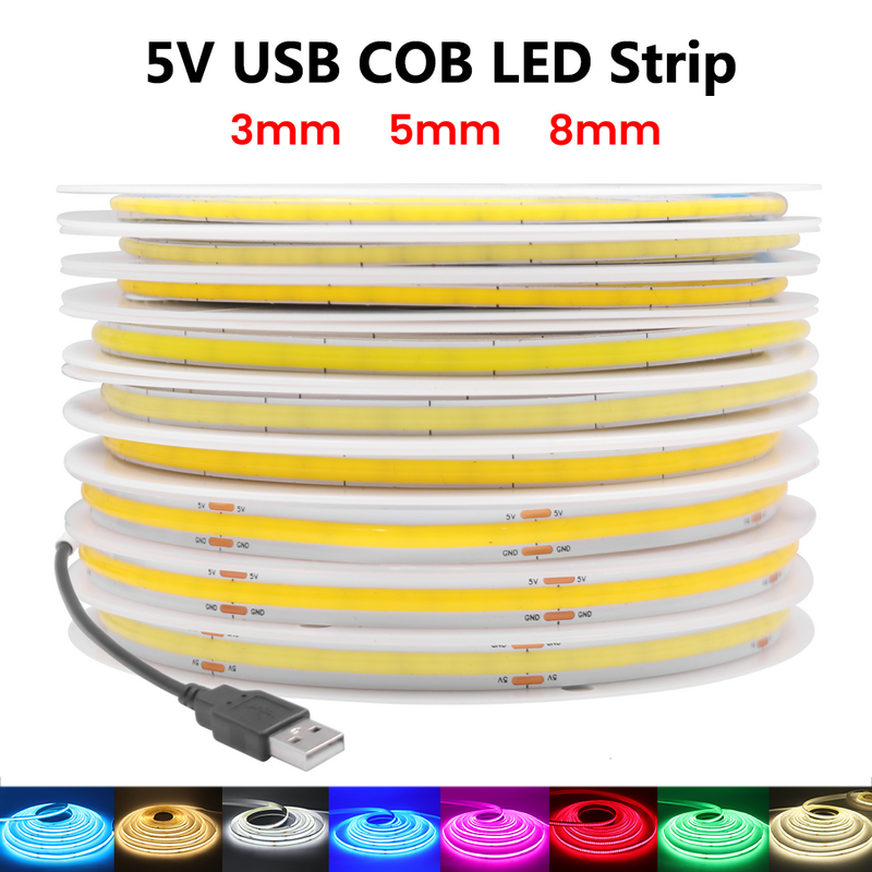 Гибкая светодиодная лента, USB 5 В, COB, 320 светодиодов/м, RA90, 3 мм, 5 мм, 8 мм
